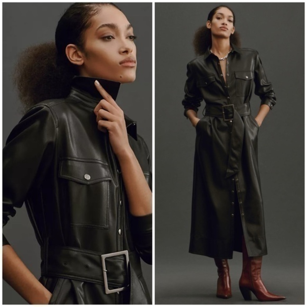 💋Anthropologie Pilcro long sleeves faux leather with belt shirt dress